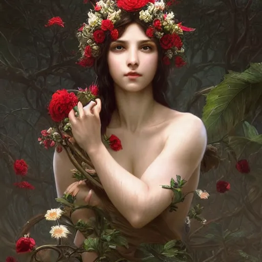 Prompt: goddesses, full body, blood everywhere, bay leafes, tendrils, flowers, intricate, elegant, highly detailed, digital painting, artstation, concept art, smooth, sharp focus, illustration, art by artgerm and greg rutkowski and and william - adolphe bouguereau and stephanie law