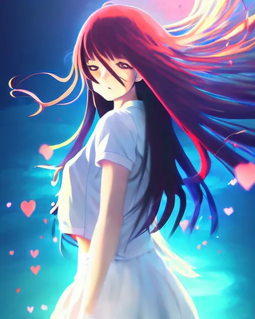 Image similar to anime style, vivid, expressive, full body, 4 k, painting, a cute magical girl with a long wavy black hair, stunning, realistic light and shadow effects, centered, simple background, studio ghibly makoto shinkai yuji yamaguchi