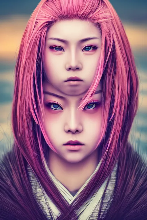 Prompt: highly detailed beautiful photo of a young female samurai, symmetrical face, beautiful eyes, pink hair, realistic anime art style, 8 k, award winning photo, pastels colours, action photography, 1 / 1 2 5 shutter speed, sunrise lighting