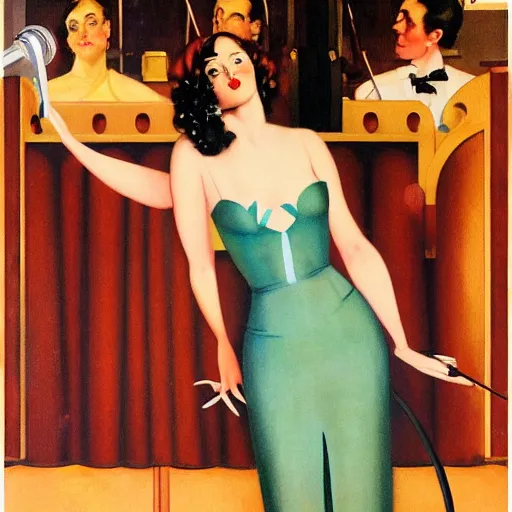 Prompt: art deco painting of a sultry young woman singing jazz in a club, style of norman rockwell, album art
