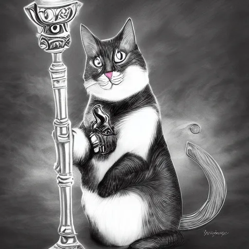 Image similar to fantasy black and white cat holding magic staff, high detail, digital art, concept art, 4k
