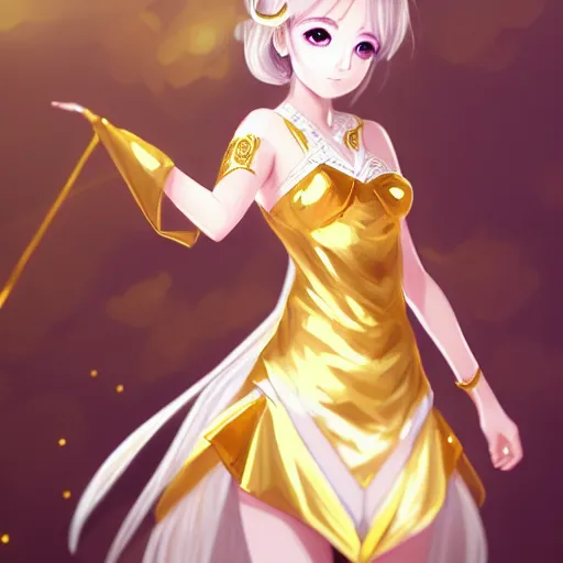 Image similar to royal anime girl wearing white and golden dress , digital painting , artstation , devian art , 4k , HD , digital art