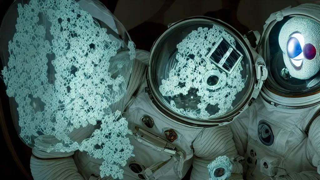 Image similar to a single astronaut eva suit made of diamond 3d fractal lace iridescent bubble 3d skin and covered with insectoid compound eye camera lenses floats through the living room, film still from the movie directed by Denis Villeneuve with art direction by Salvador Dalí, wide lens,