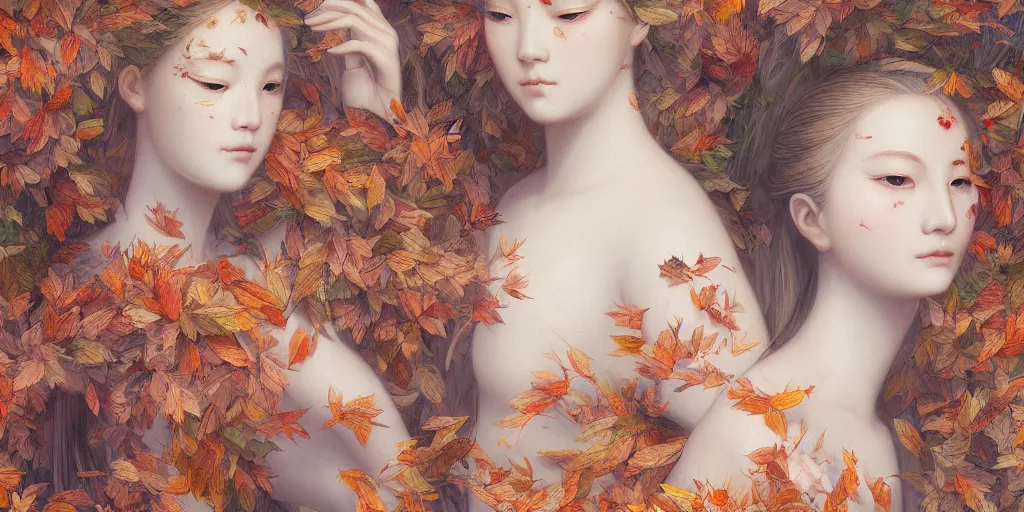 Image similar to breathtaking detailed concept art painting pattern of blonde faces goddesses amalgamation autumn leaves with anxious piercing eyes and blend of flowers and birds, by hsiao - ron cheng and john james audubon, bizarre compositions, exquisite detail, extremely moody lighting, 8 k