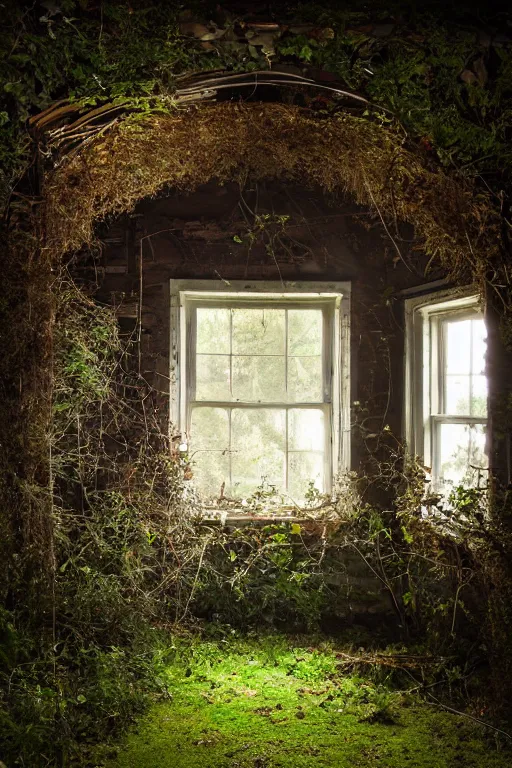 Image similar to specs of flowing light surround and swarm an abandoned overgrown cottage