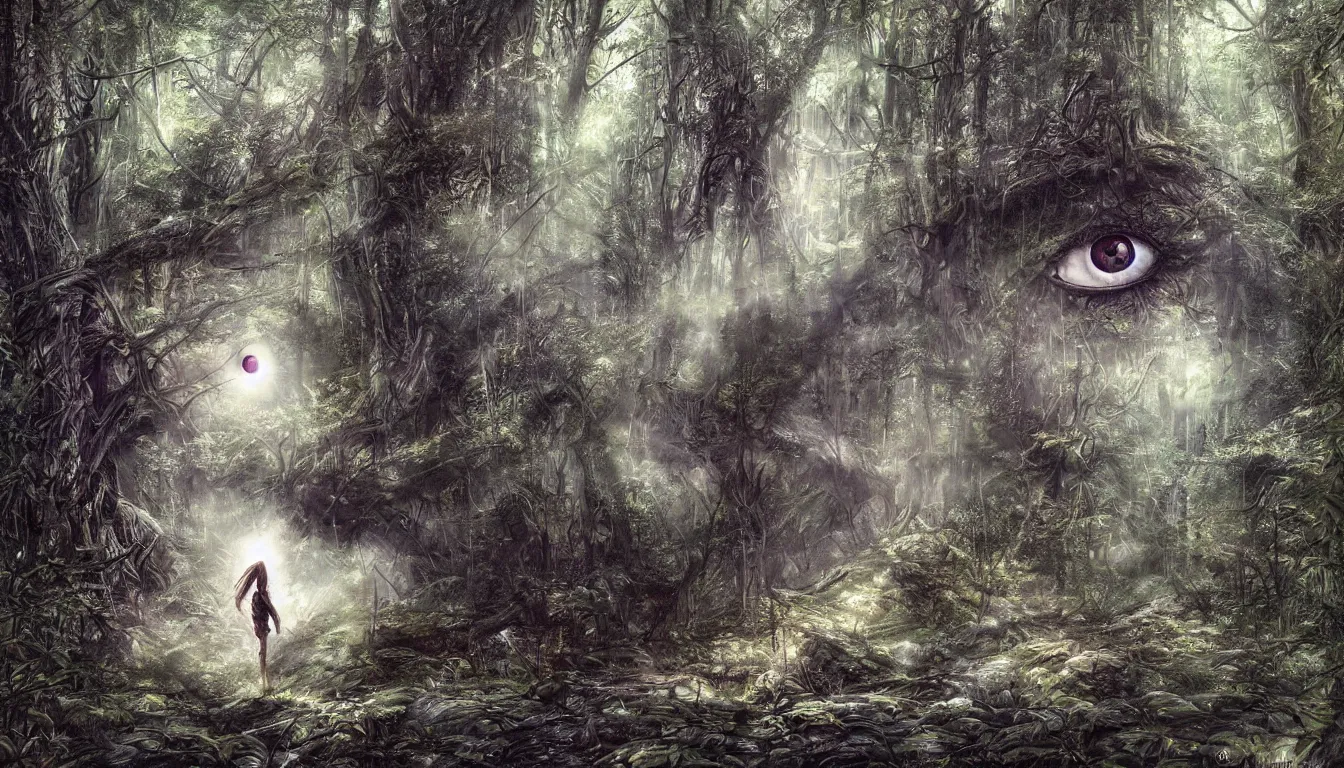 Prompt: a big eye floats above the ground in a dense forest, illustration by john taylor dismukes and dave lafleur, luis royo, smooth shading, ultra detailed, high resolution, chrome art, rich deep colors