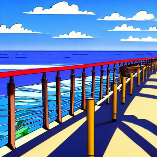 Prompt: oceanfront walkway, futuristic city, colorful city, curved railing, long railing, shining sea, cel - shading, 2 0 0 1 anime, cel - shaded, bright sunshine, colorful buildings