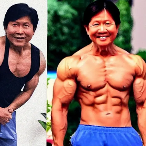 Image similar to bongbong marcos as gigachad flexing at the gym, muscular, on steroids,