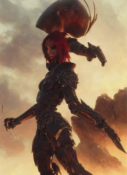 Image similar to red short haired muscular woman wearing flat black armour, detailed by gaston bussiere, bayard wu, greg rutkowski, giger, maxim verehin, greg rutkowski, masterpiece, sharp focus, cinematic lightning