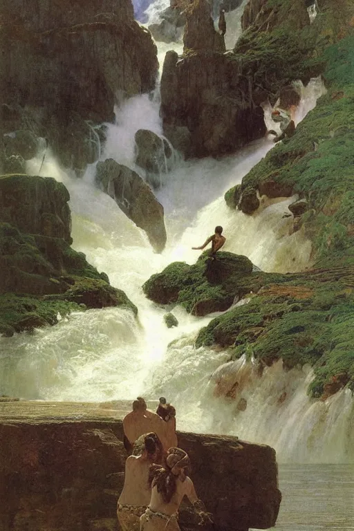 Image similar to a huge mythical wurm emerges from lake in canadian rockies, water splashes cascades, beautiful day, by albert bierstadt, ruan jia, lawrence alma tadema, zdzislaw beksinski, carl spitzweg, everett raymond kinstler, norman rockwell, jack kirby, tom lovell, greg staples