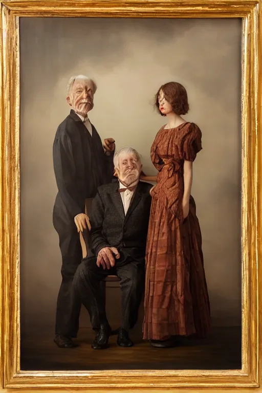 Image similar to a beautiful ultradetailed fine art old vintage couples portrait photo of two people sitting on a chair and standing, by tom bagshaw and zach sutton, couples portrait, vignette, 35mm lens, golden ratio composition, studio photography, very detailed, humanoids, artstation, 8k, highly coherent