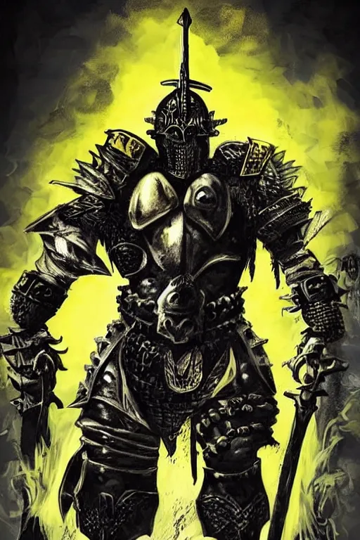 Image similar to an armored barbarian, loaded with weapons and animal skulls, horror sci - fi black and yellow poster