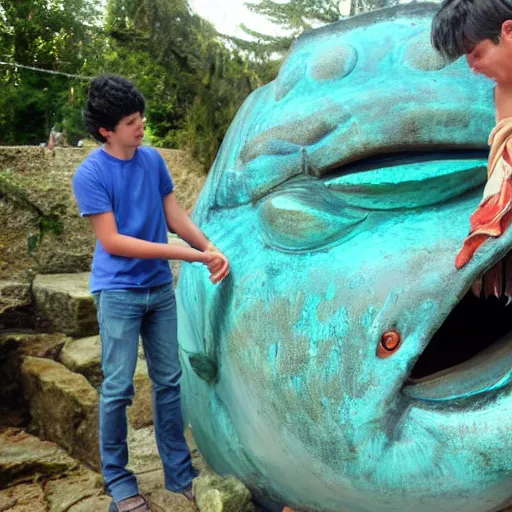 Image similar to giant ancient fish goddess blessing a young man in a boat