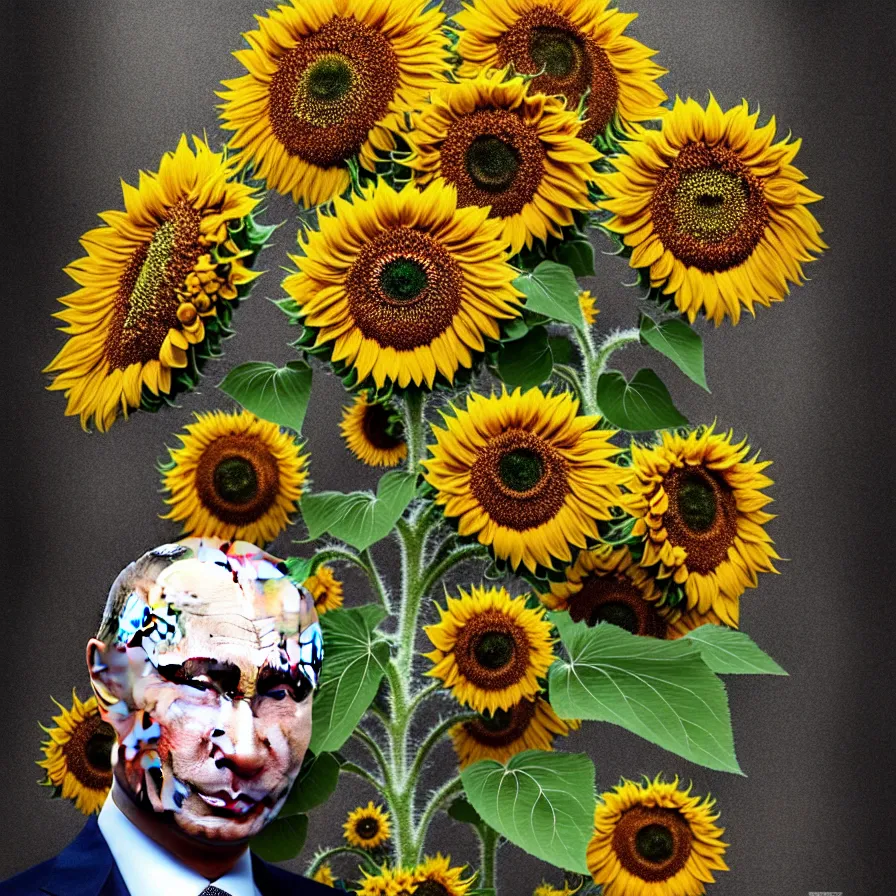 Image similar to photo portrait of Vladimir Putin - sunflowers - dressed in suit with intricate ornamental sunflower and tombstone for a tie, natural skin tone, highly detailed realistic flowers ornament in the upper side of breast, hair and wrinkles are intricate with highly detailed realistic flowers, elegant, Realistic, Refined, Highly Detailed, natural soft pastel lighting colors scheme, fine art photography by Cecil Beaton, volumetric lighting, hyper realistic photography
