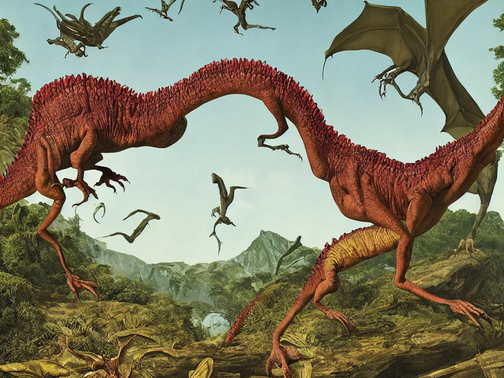 Prompt: Mutant dinosaur trapped in a ravine. Painting by Luigi Serafini, Walton Ford, Audubon