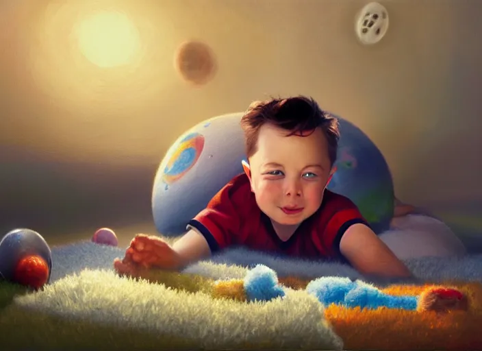 Image similar to toddler elon musk lying on a shaggy rug playing with his space rockets, realistic oil painting, beautiful soft lighting, istvan sandorfi