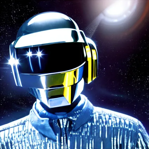 Image similar to Daft Punk standing above a spaceship in space, spaceship seen from far away, realistic, high quality