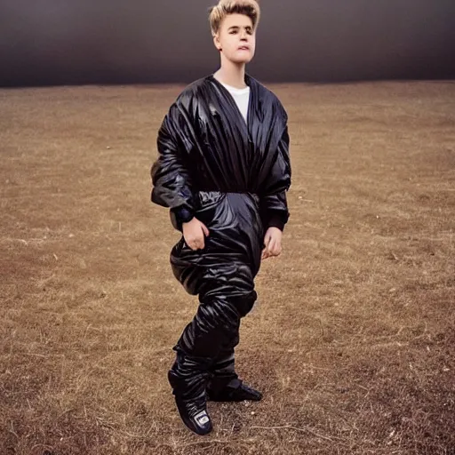 Image similar to the 2 0 2 2 award winning photo of justin bieber wearing a trash bag, cinematic, atmospheric, susan worsham photograph