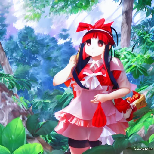 Image similar to a pixiv fanbox of reimu in the jungle wearing bonnet