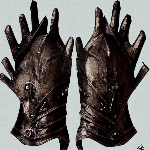 Image similar to metal claws on gloves, weaponized gauntlett, old gloves with attached talons, pointy fingertips, dark background, highly detailed, 8 k, trending on artstation, mystic, rpg artwork, by peter jackson, by sauron