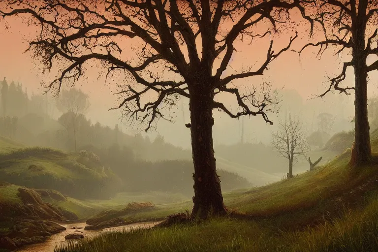 Image similar to masterpiece painting of oak trees on a hillside overlooking a creek, dramatic lighting, by simon stalenhag