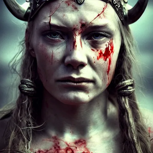 Image similar to Ultrawide realistic photo of a bloody fierce viking woman, injured, battle-scarred mind-blowing details, hyperrealism, highly detailed face, ethereal, sadness, luxury, ominous, scarred, highly detailed, viking attire, cinematic, 16k, 1080s, smooth, sharp focus, by Stanley Artgermm, WLOP, trending on DeviantArt, trending on ArtStation, digital art, Smooth gradients, depth of field, shot on Canon Camera