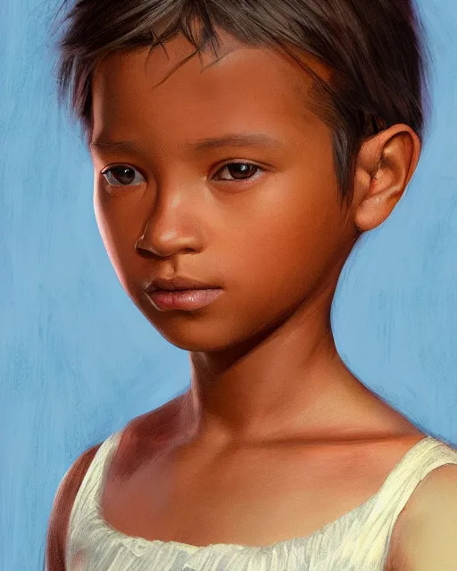 Image similar to Portrait of Migrant and Colonizer child, Migrant Colonizer morph child morph, digital painting, realistic shaded, realistic shaded lighting, fan art, pixiv, by Ilya Kuvshinov, child hybrid, realistic face and body hybrid, by magali villeneuve, Artstation, by Jeremy Lipkin and by Michael Garmash and by Rob Rey. Face retouch