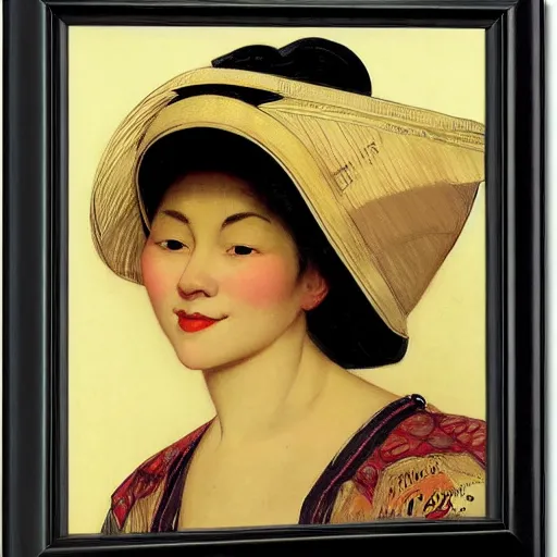 Image similar to frontal portrait of a woman wearing an asian conical hat, by j. c. leyendecker