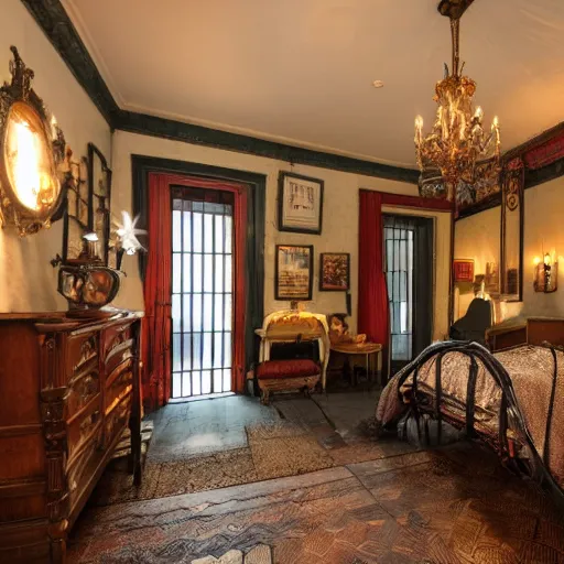 Prompt: a late 19th century London at night themed bedroom, cobblestone floors