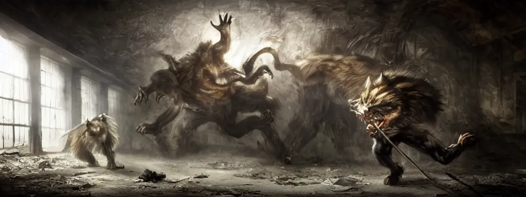 Prompt: Monstrous shewolf attacking cleaning people in an abandoned subway station, by thomas rutkowski, epic, Rembrandt lighting