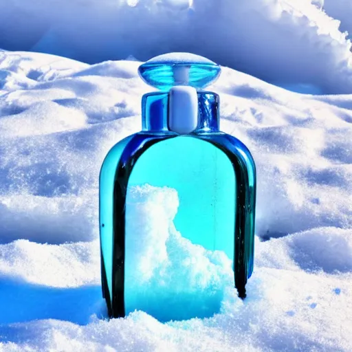 Image similar to perfume bottle artistically buried in the snow, sunny day, white clouds blue skies