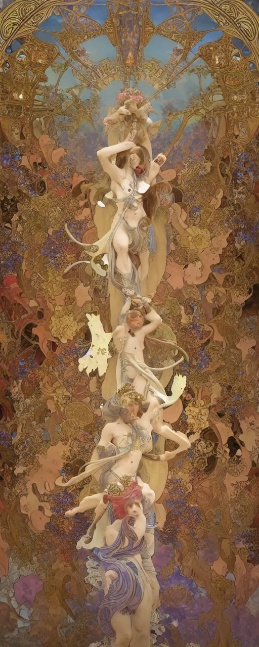 Prompt: 3 d rendered scene of the battle of angels and demons at the entrance to the fractal palace of cosmos painting of alphonse maria mucha made in unreal engine hyper realistic