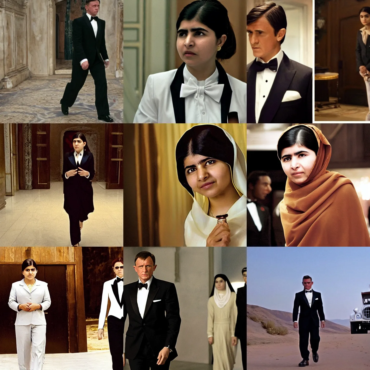 Prompt: Malala Yousafzai as James Bond, wearing a tuxedo suit, film still from Casino Royale (2006)