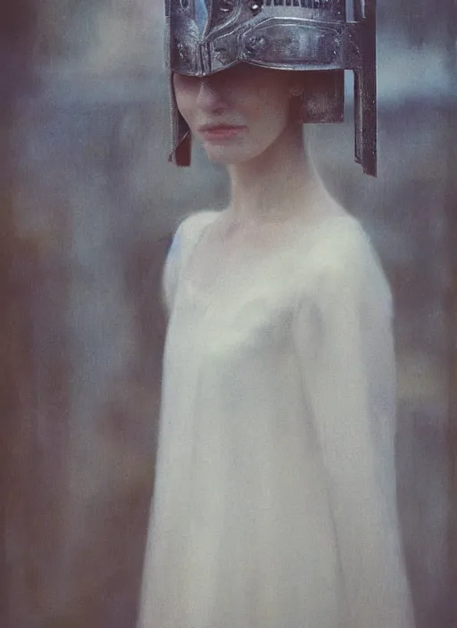 Prompt: medieval helm!!!!!!!, out of focus!! photorealistic portrait of a beautiful pale woman by saul leiter, very blurry!!, translucent white skin, closed eyes, foggy, pale lips