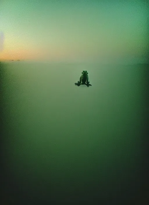 Image similar to “semitranslucent smiling frog amphibian vertically hovering over misty lake waters in Jesus Christ pose, low angle, long cinematic shot by Andrei Tarkovsky, paranormal, eerie, mystical”