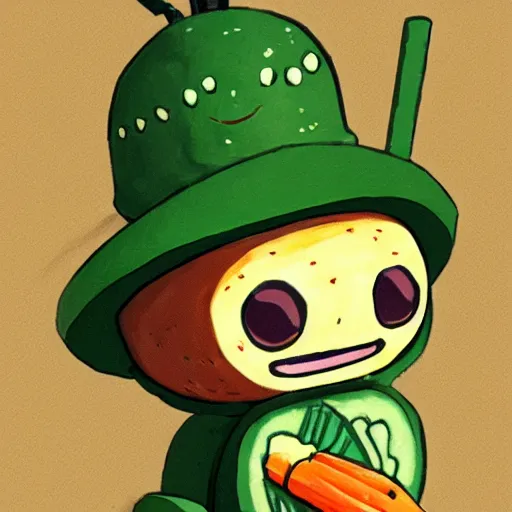 Image similar to little robot with big avocado hat and a carrot sword, made in abyss style