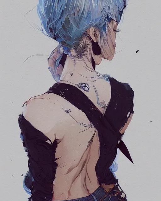 Image similar to a ultradetailed beautiful back painting of a stylish woman with white hair in a short pony tail, she is wearing jeans, by conrad roset, greg rutkowski and makoto shinkai trending on artstation