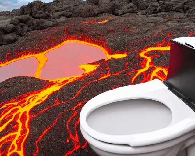 Prompt: a toilet overflowing with lava sitting on top of a mountain