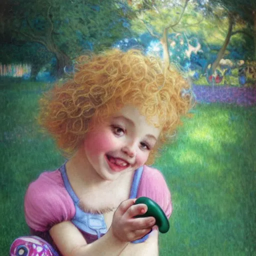 Image similar to a beautiful smiling little [[[[[[[[blonde toddler]]]]]]]]] girl with short loosely curly hair, at the park on a beautiful day, holding a round all-pink stuffed penguin, by Artgerm, Mucha Klimt, Hiroshi Yoshida and Craig Mullins, featured on Artstation, CGSociety, Behance HD, Deviantart