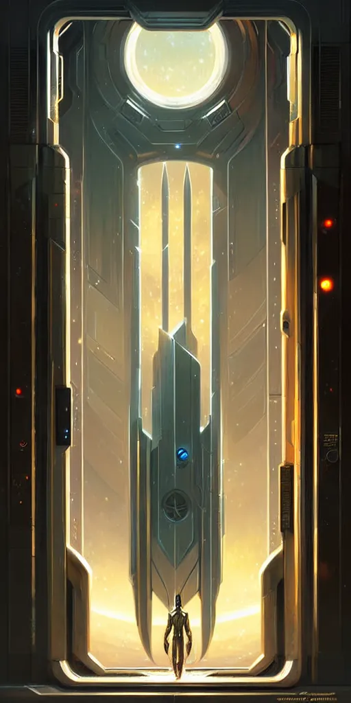 Image similar to hyper realistic art - deco sci - fi double door by jordan grimmer, darek zabrocki