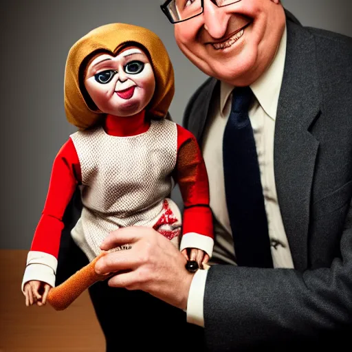 Prompt: portrait of a babushka with pet miniature ventriloquist dummy of john oliver