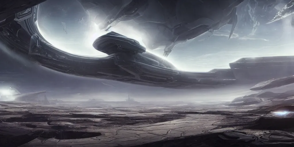 Image similar to a large detailed halo and homeworld spaceship detailed with streamlined design, elegant and beautiful very large and long floating over a barren dry land with an epic cloud formation on the background by James Paick and raphael lacoste , very detailed, octane render, 8k, scary and brooding, scary and dark, canon 24mm lens