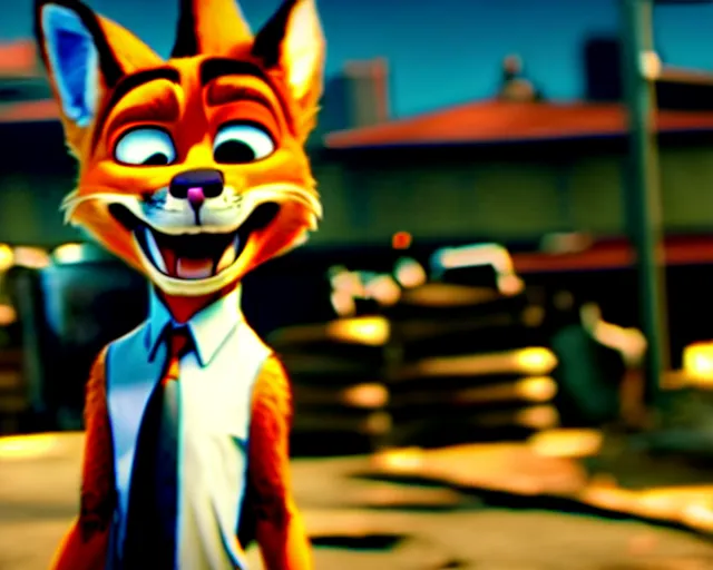 Image similar to nick wilde as max payne 3 set in gritty neo - noir zootopia, battle through the favela / furvela