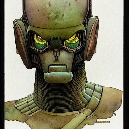 Image similar to a simple and atmospheric watercolour portrait of a pulp sci - fi alien soldier, very muted colors, by rebecca guay, michael kaluta, charles vess and jean moebius giraud