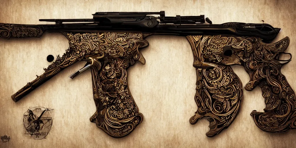 Image similar to a magic shotgun made out of wood, glowing in power, digital art, intricate details, professional