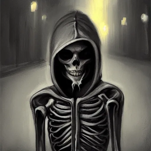 Image similar to a skeleton in a hoodie sitting on the street smoking a cigarette at night, painting artstation dark style