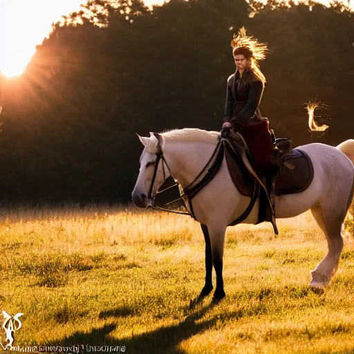 Image similar to Emma Watson riding into the sunset, golden hour, heavenly lighting, XF IQ4, f/1.4, ISO 200, 1/160s, 4K, RAW, unedited, symmetrical balance, in-frame