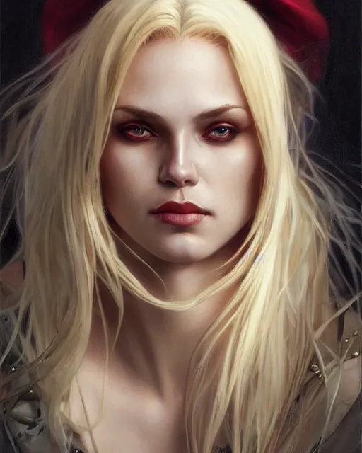 Image similar to portrait of a blonde vampire, dark, piercing eyes, gentle expression, elegant clothing, photorealistic, highly detailed, artstation, smooth, sharp focus, art by michael whelan, artgerm, greg rutkowski and alphonse mucha