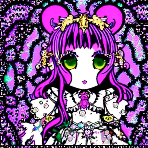 Image similar to baroque bedazzled gothic royalty frames surrounding a pixelsort emo demonic horrorcore japanese beautiful jester decora moe doll, low quality sharpened graphics, remastered chromatic aberration, detailed maximalist sanrio art