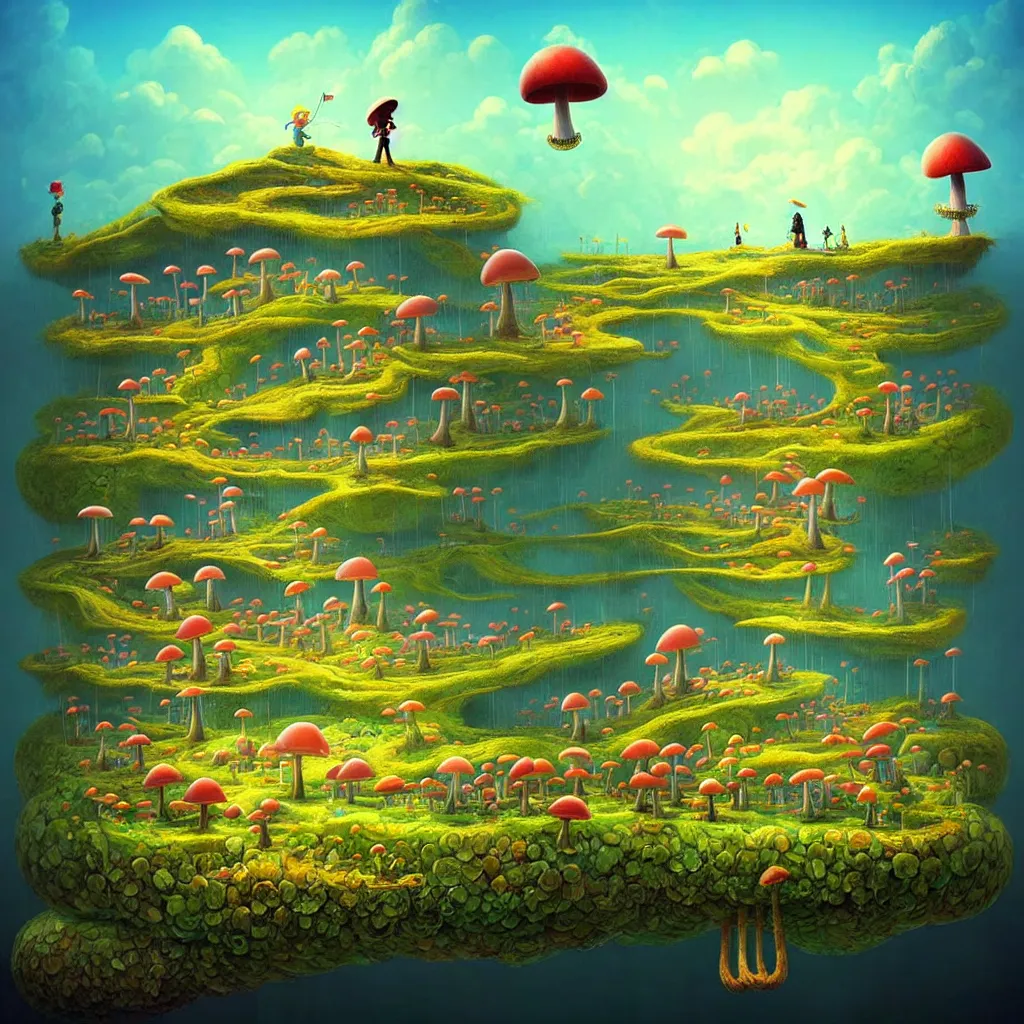 Image similar to surreal mushroom kingdom, floating island in the sky, waterpipes in the ground, summer morning, very coherent and colorful high contrast, art by!!!! gediminas pranckevicius!!!!, geof darrow, dark shadows, hard lighting